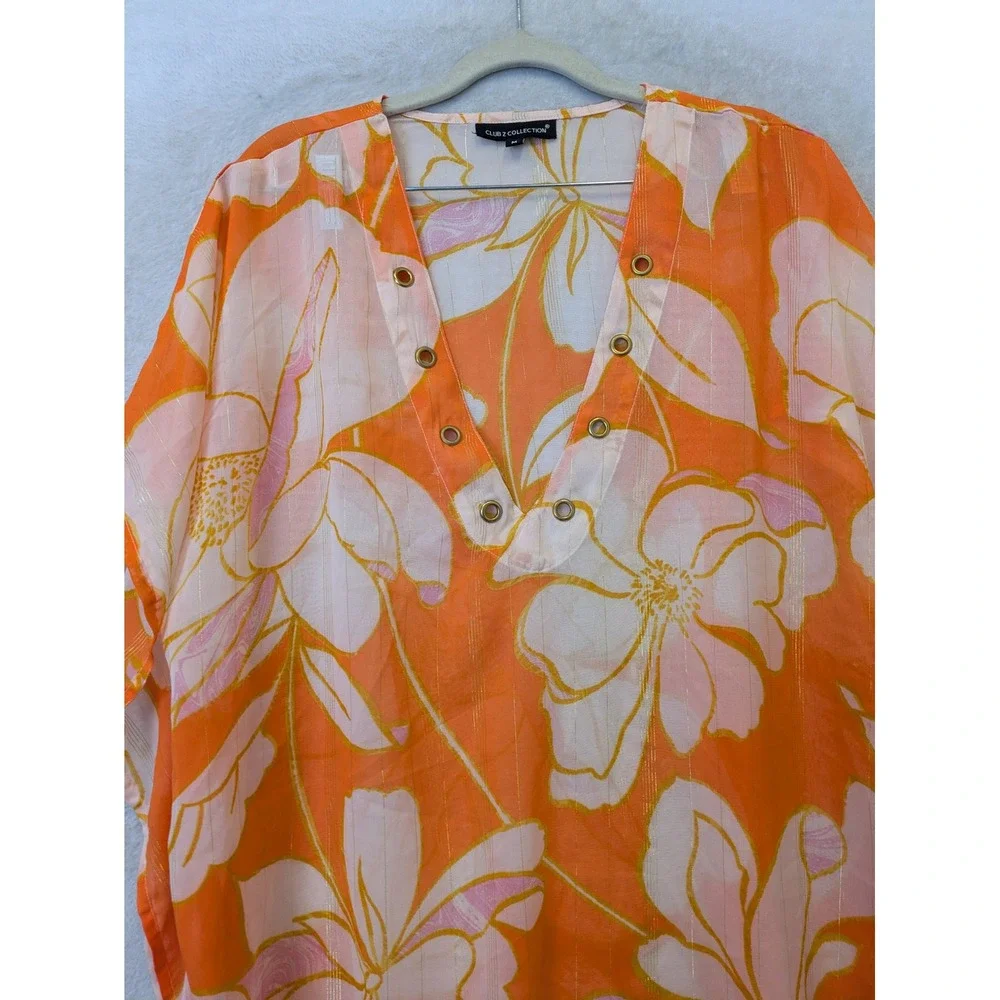 Club Z‎ Collection Kaftan Women's Medium Orange Floral Metallic Grommet V-Neck